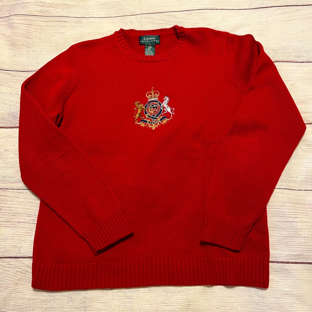 Vintage Ralph Lauren red cotton sweater with equestrian emblem